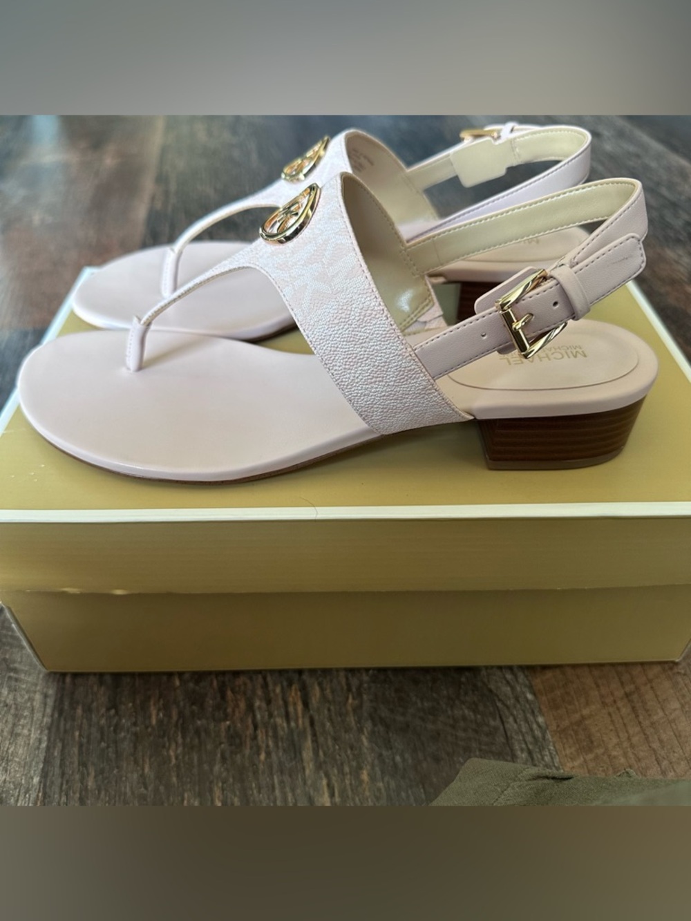 Michael Kors Blush Pink Logo T-Strap Sandals with Gold Accents - Picture 4 of 7